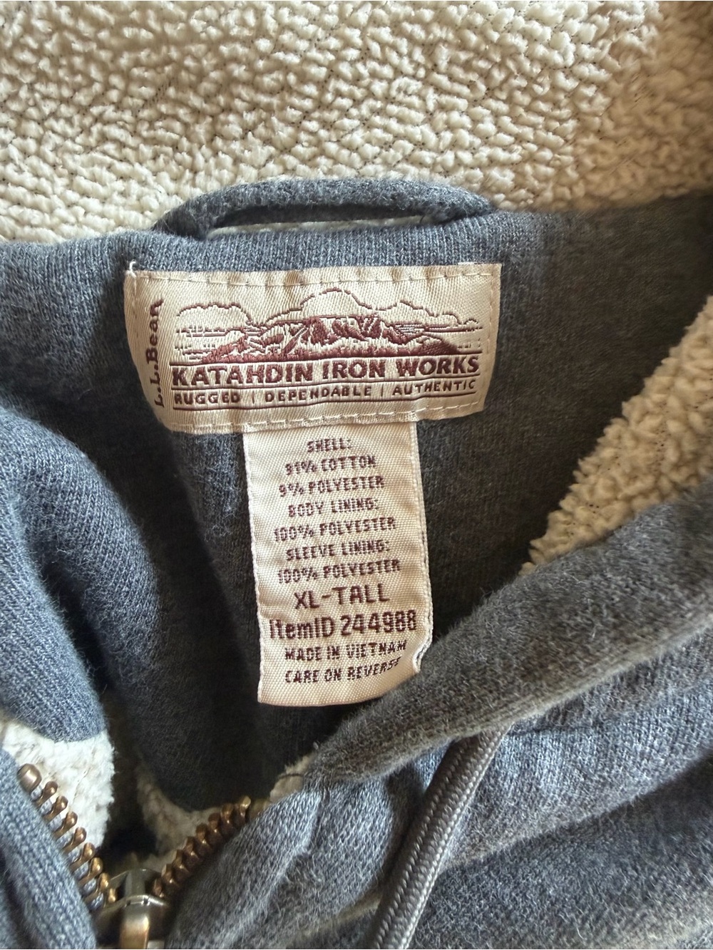 L.L.Bean Katahdin Iron Works Sherpa Lined Full Zip Hoodie Steel Blue XL Tall - Picture 5 of 9
